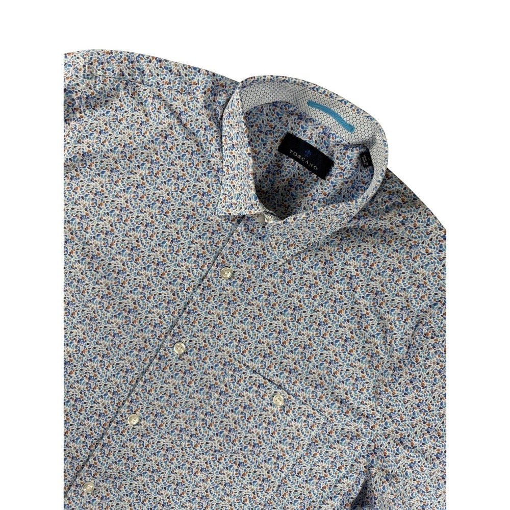 Toscano Short Sleeve Print Button Down Stretch Cotton Blue Multi‎ Men's Size M